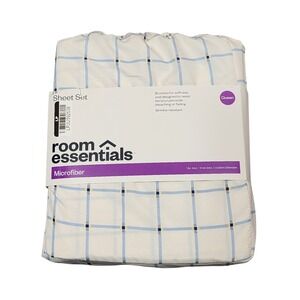 Room Essentials Queen Microfiber Sheet Set White Blue Yellow Windowpane Plaid